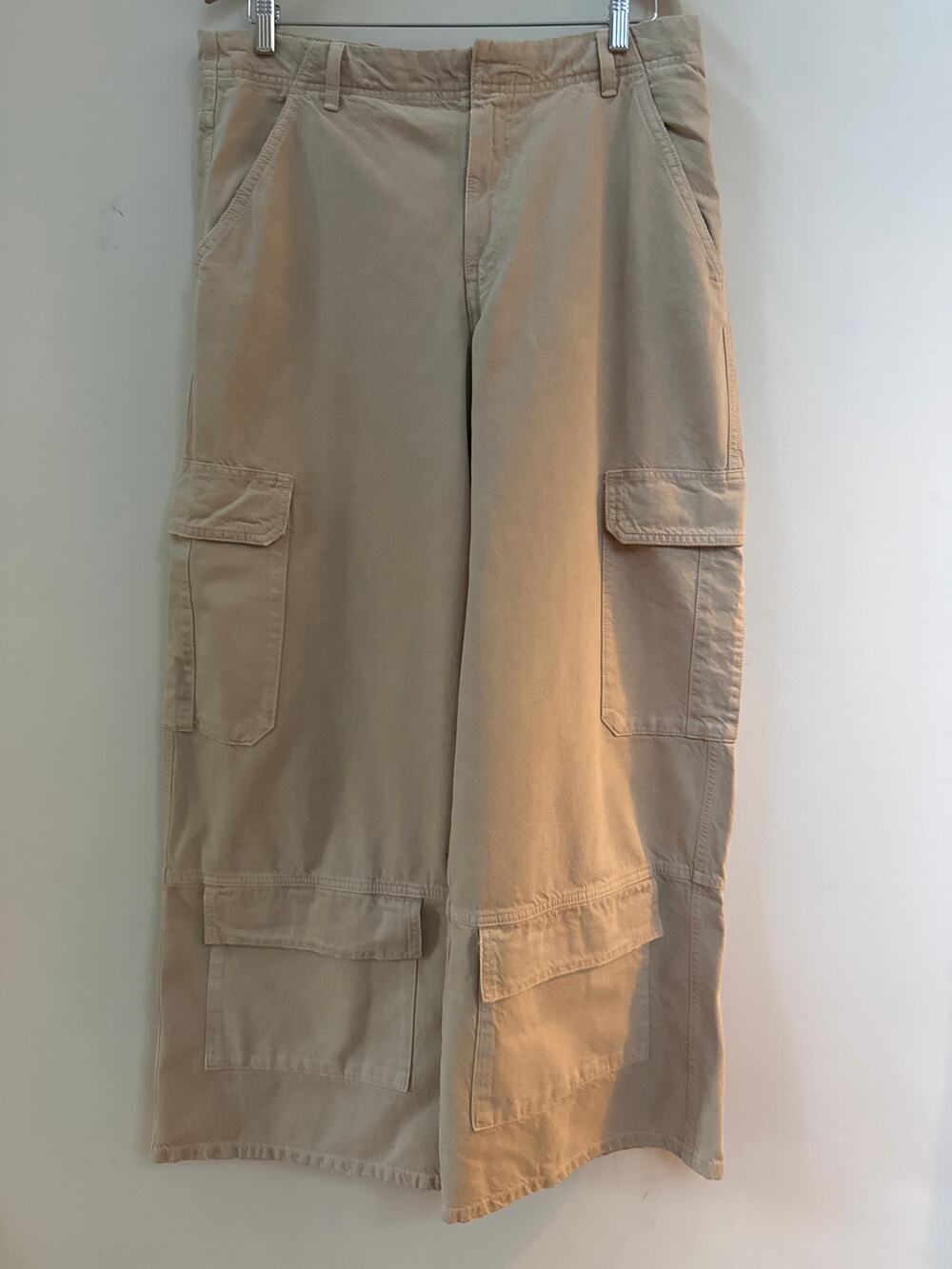 Zara Womens Denim Buckled Cargo Pocket  Wide Leg pants Beige Size 12 Streetwear